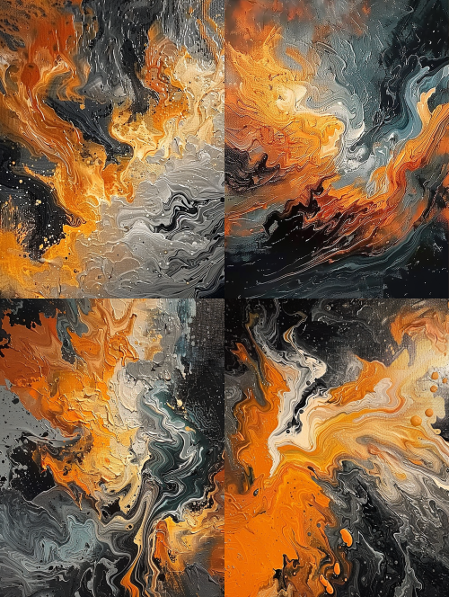 < https://oc.superx360.com/img/1784174885345.png > This is a handmade abstract painting characterized by a heavy impasto oil technique, where the brushwork is fluid and charged with energy, creating a sense of movement that resembles swirling vortices on the canvas. The layout skillfully blends warm hues with cooler tones: the left and center are highlighted by little fiery oranges, deep umbers, and bright yellows, while the right and lower parts consist of dense clouds in shades of gray, silver, and deep black, curling together. The thick, sculptural texture of the paint shines under illumination, imparting a dimensional, relief-like appearance to the artwork. In the darker areas, sporadic splashes of gold and orange inject a wild and chaotic vibrancy into the composition. --ar 3:4 --iw 2 < https://oc.superx360.com/img/1784174885345.png > This is a handmade abstract painting characterized by a heavy impasto oil technique, where the brushwork is fluid and charged with energy, creating a sense of movement that resembles swirling vortices on the canvas. The layout skillfully blends warm hues with cooler tones: the left and center are highlighted by little fiery oranges, deep umbers, and bright yellows, while the right and lower parts consist of dense clouds in shades of gray, silver, and deep black, curling together. The thick, sculptural texture of the paint shines under illumination, imparting a dimensional, relief-like appearance to the artwork. In the darker areas, sporadic splashes of gold and orange inject a wild and chaotic vibrancy into the composition. --ar 3:4 --iw 2