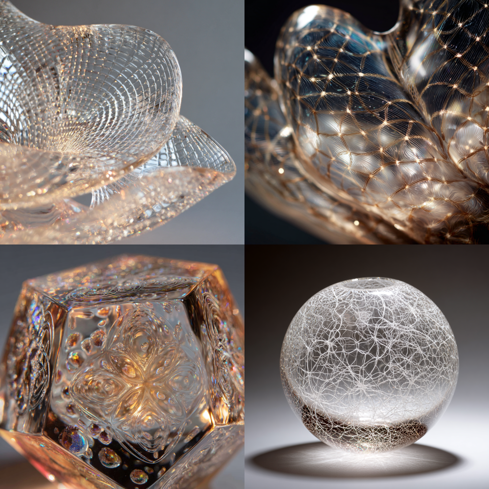 a delicate glass sculpture, shimmering with intricate patterns and reflections, capturing the essence of light and transparency