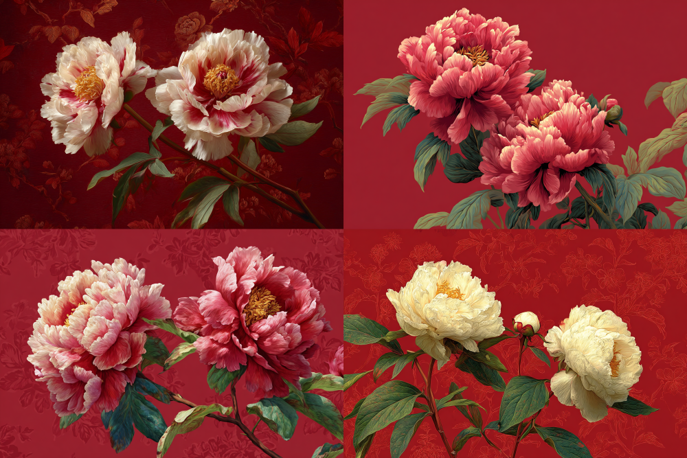 Two exquisite Chinese-style peonies bloom gracefully against a luxurious crimson backdrop, radiating elegance and vibrant beauty. —ar 3:2