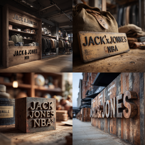 Front shot Front, a whole row A retro wooden board with three-dimensional text on it, the content of the text “Jack&Jones x NBA”需要正面拍摄