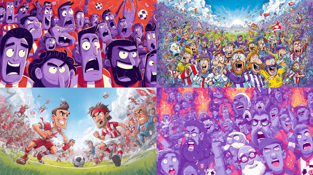 Create a vibrant and whimsical cartoon-style promotional poster for the Italian Serie A match between Cremonese and Fiorentina, capturing the excitement and energy of the game. --ar 16:9 --style raw --style cute