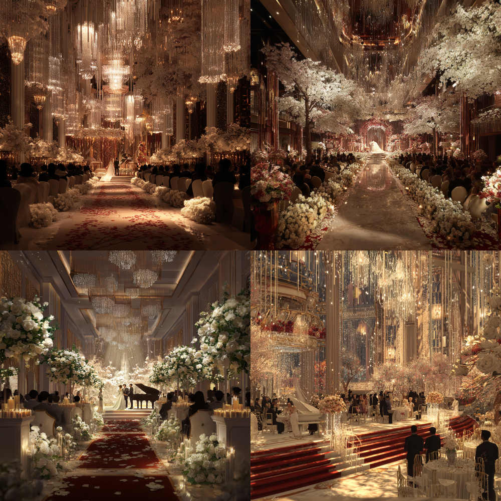 Generate a luxurious seven star hotel wedding scene: The wedding venue is adorned with dazzling crystal lights, full of guests, and a red carpet covered with white roses. The wedding scene is decorated in a romantic and luxurious manner, with warm white and champagne gold as the main colors. Guests sit in staggered dresses, and the melodious sound of the piano flows slowly, creating a full atmosphere. 