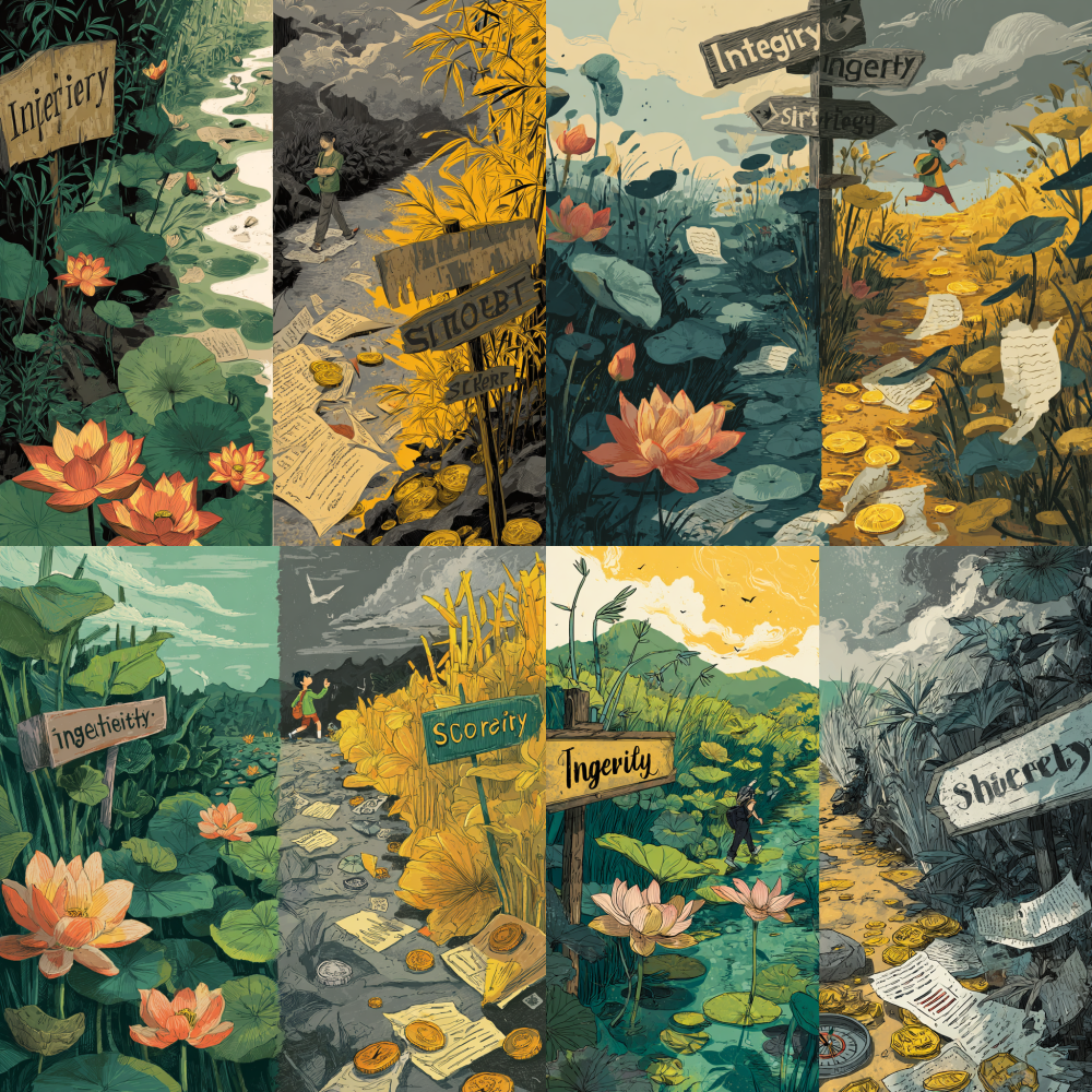 A split scene featuring two distinct paths. On the left path, vibrant lotus flowers and graceful bamboo thrive, with a sign reading "Integrity" as a cheerful student strolls by. The right path is littered with scattered coins and a torn exam paper, accompanied by a crooked sign that reads "Shortcut," while dark clouds loom ominously in the distance. At the center, a halted compass needle points towards the left. The style is flat illustration with striking color contrasts (lush greens on the left, muted grays and yellows on the right).