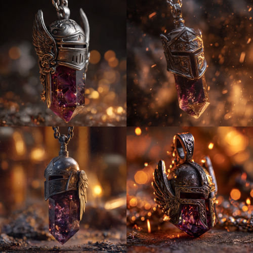 一款中世纪风格水晶吊坠,单个长2 厘米宽1.5厘米的超七水晶晶体,深紫色核心带有金红色闪光,占据吊坠 1/5 的位置;其余 4/5:银色护甲——雕刻的圣殿骑士头盔,带有可活动的面罩,后面斜插着类似精灵之剑的剑,高浮雕的天使翅膀,凯尔特结纹填充空白区域;低角度英雄镜头,温暖的火炬光,火花和余烬,浅景深 35 毫米电影风格,强烈的明暗对比,史诗奇幻电影道具——宽高比 3:4——版本 6——风格原始——种子 750——无现代加工痕迹、塑料光泽、模糊效果 一款中世纪风格水晶吊坠,单个长2 厘米宽1.5厘米的超七水晶晶体,深紫色核心带有金红色闪光,占据吊坠 1/5 的位置;其余 4/5:银色护甲——雕刻的圣殿骑士头盔,带有可活动的面罩,后面斜插着类似精灵之剑的剑,高浮雕的天使翅膀,凯尔特结纹填充空白区域;低角度英雄镜头,温暖的火炬光,火花和余烬,浅景深 35 毫米电影风格,强烈的明暗对比,史诗奇幻电影道具——宽高比 3:4——版本 6——风格原始——种子 750——无现代加工痕迹、塑料光泽、模糊效果