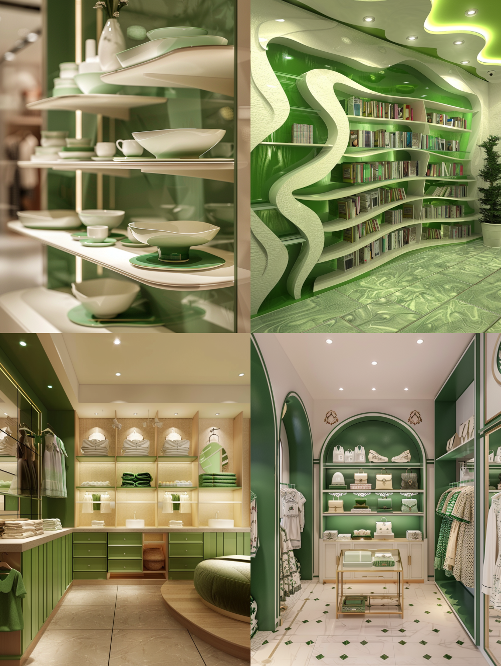 Home wear store design, nightdress shelf, Home wear shelf, Exhibition hall design, 3D product gallery corner, wall shelf, green and white, Interior design, Set Design,  --ar 3:4  --chaos 10  --v 6