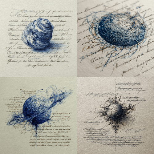 elegant ball meteorite illustration, delicate blue ink pen on finely textured ivory parchment, intricate dimensional marking lines, graceful handwritten French annotations in flowing cursive, soft and gentle hatching shading, refined minimalist sketch aesthetic, tranquil muted neutral background, sophisticated minimalist concept draft  --ar 1:1  --style raw  --s 200