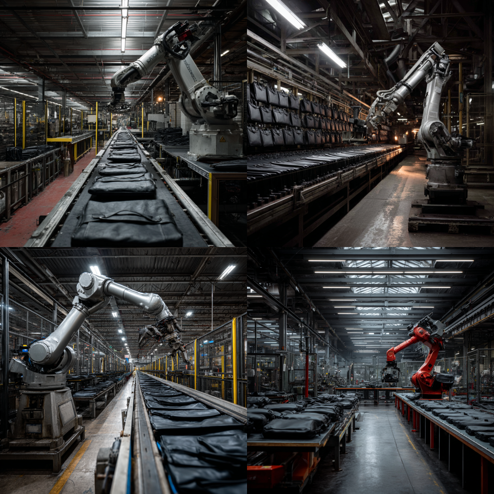 The giant silver robotic arm swings regularly in the gloomy factory, and on the conveyor belt are hundreds or thousands of black semi-finished leather bags 