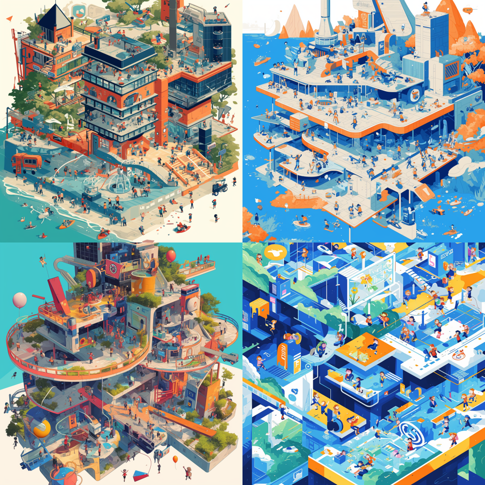 A vibrant and intricate illustration of a futuristic school, showcasing diverse scenes that capture the dynamic environments where miniature model makers thrive. The design features a visionary library with intelligent bookshelves, a state-of-the-art gymnasium, and an engaging outdoor playground filled with students playing sports. Icons and symbols enhance the map, depicting unique activities such as a bustling traffic jam along the roadside and the joyful interaction between a smiling teacher and students in a bright classroom. Vector art style, pristine white background, meticulously crafted vector logo, high resolution. — ar 3:4 -- iw 1.5 --niji