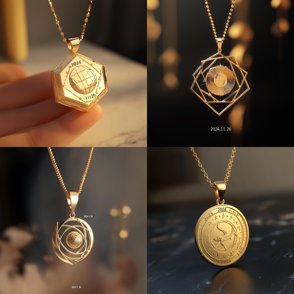 < https://oc.superx.chat/img/1745493366346.jpg > exquisitely detailed 3D rendering of a minimalist 24mm diameter twelve-sided pure gold pendant, elegantly 1.8mm thin, featuring double-sided 0.3mm chamfered mirror-polished edges. Its asymmetric center of gravity design allows it to gracefully rotate 15° when suspended. On the front, a delicate 0.1mm ultra-fine gold wire intricately inlaid into an infinity symbol, accompanied by a 0.05mm corrugated gold foil layer beneath, creating a mesmerizing 3D Möbius strip effect in motion. The Taurus symbol is artfully deconstructed into three sets of parallel lines at a striking 55° angle, embellished with laser-micro-engraved constellation coordinates: Right Ascension 4h53m, Declination + 16°. The date "2024.11.26" is masterfully designed in negative space, subtly embedded at the corners of the polygon, producing a captivating projected clock effect from certain perspectives.