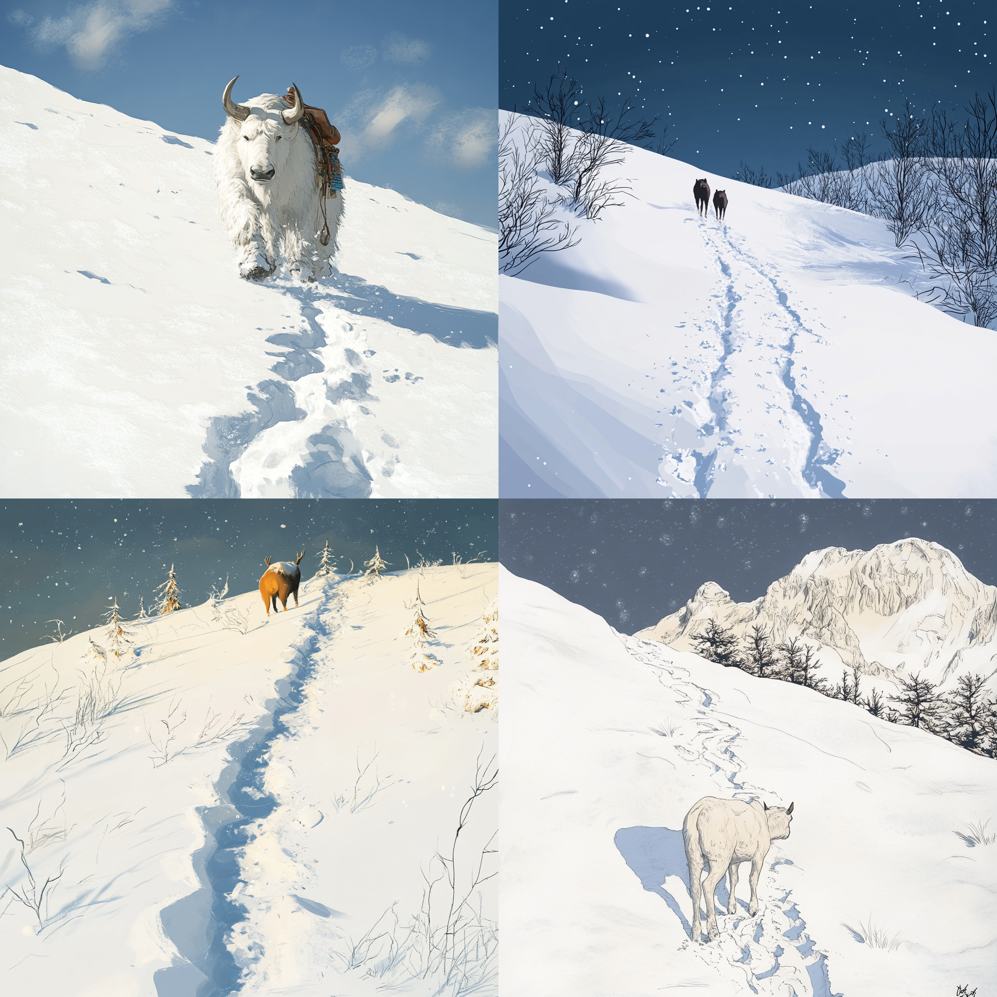 < https://oc.superx.chat/img/1746756843654.jpg > colored, heavy lines, cartoon style, flat illustration, line art, no shading, white background，hoof prints in the snow。