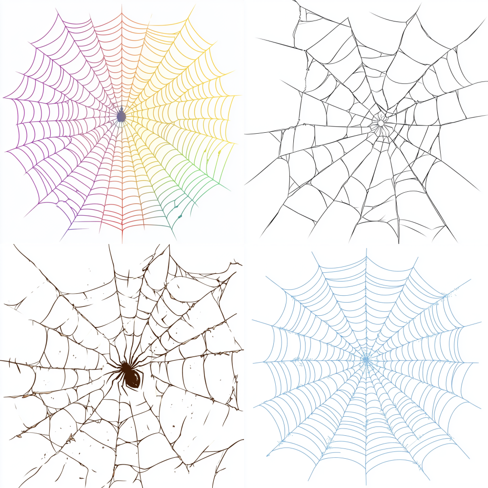 colored, heavy lines, cartoon style, flat illustration, line art, no shading, white background,damaged spider web。