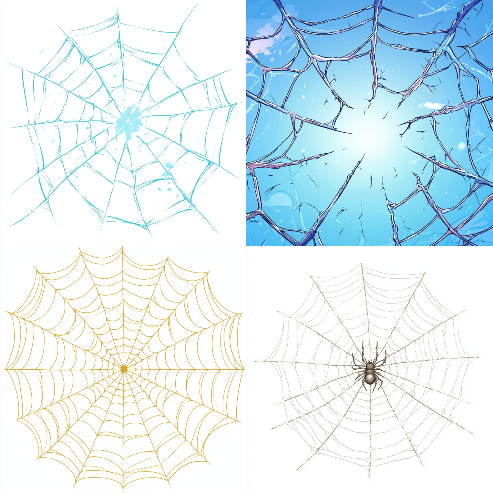 colored, heavy lines, cartoon style, flat illustration, line art, no shading, white background,damaged spider web。 --chaos 30