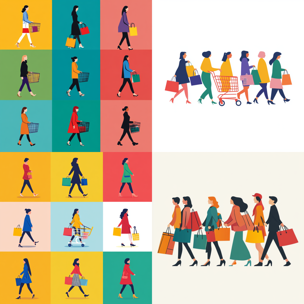 Multiple people Female shopping, shopping cart, flat design, graphic combination, color block,