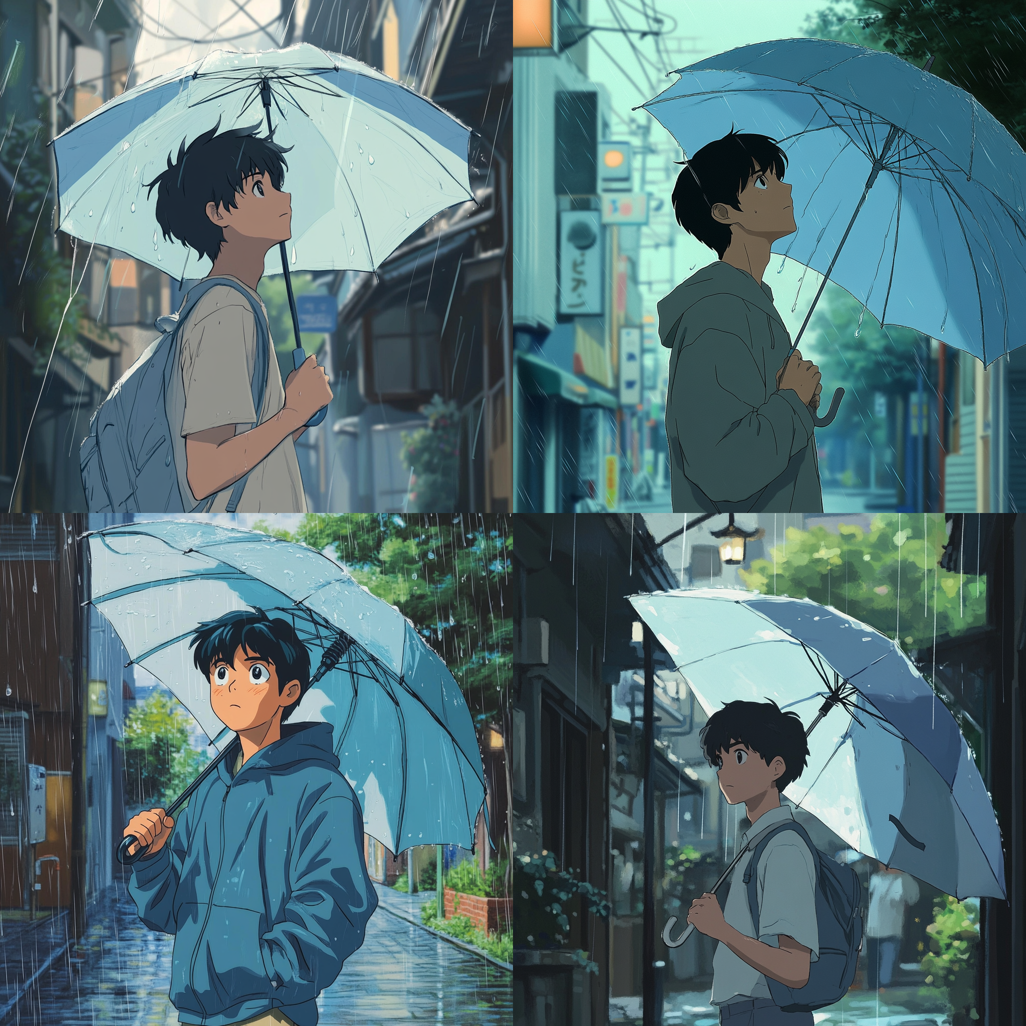 On a rainy day, a young man holding a light blue umbrella turned around from the front and looked behind. Looking up, only the upper body of the young man can be seen. Draw a keyframe image of turning around. Makoto Shinkai and Hayao Miyazaki's anime style 4