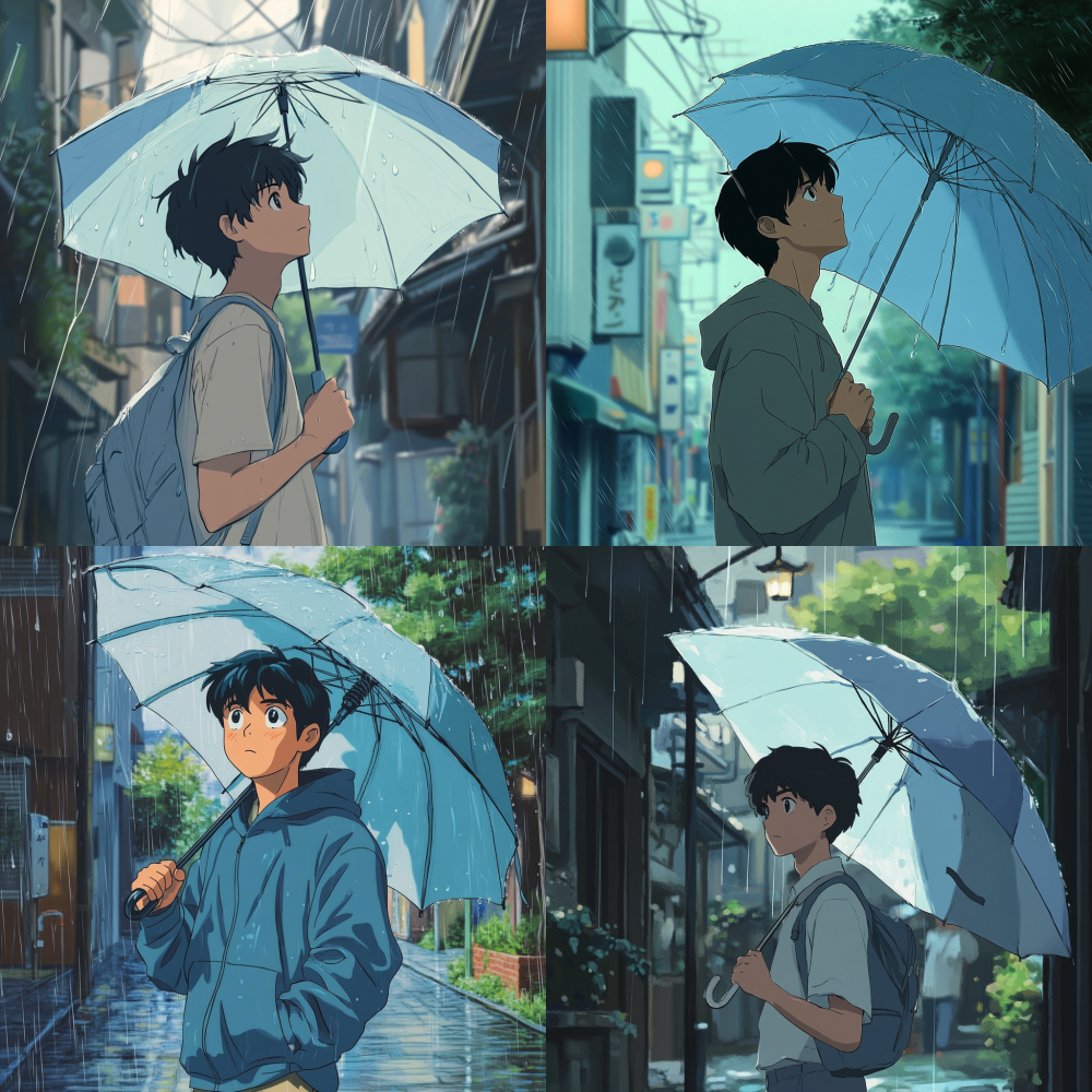 On a rainy day, a young man holding a light blue umbrella turned around from the front and looked behind. Looking up, only the upper body of the young man can be seen. Draw a keyframe image of turning around. Makoto Shinkai and Hayao Miyazaki's anime style 4
