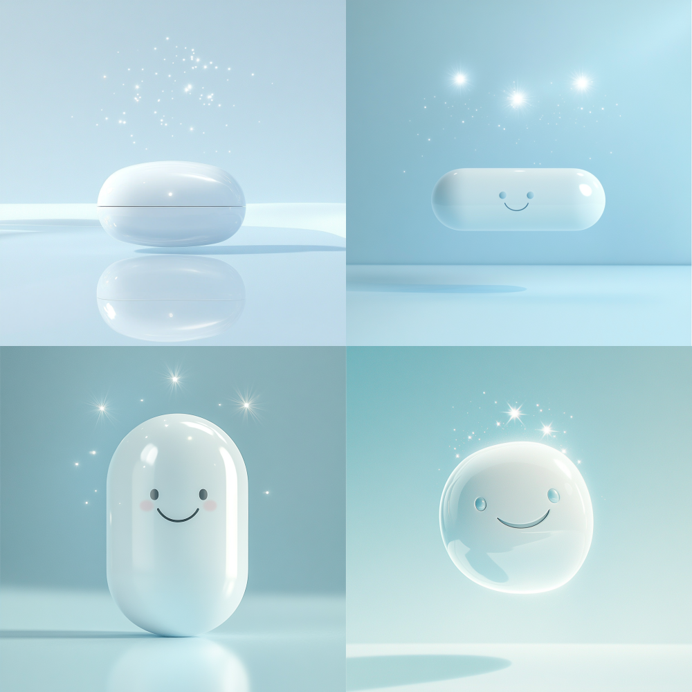 The minimalist white rounded pill floats in a light blue halo, with a slightly concave curved surface forming a smiling curve, and the top three points of starlight particles are symmetrically distributed. 120
