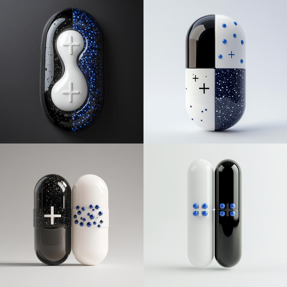 The yin-yang dual color pill adopts a fluid separation design, with the black part embedded with a white cross and the white part containing deep blue dots, wrapped in a pearl gloss protective film as a whole.