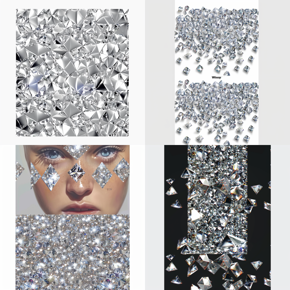 < https://oc.superx.chat/img/1746758546033.png > Ultra-realistic, countless platinum-toned tiny diamonds of identical size, randomly scattered on transparent background, front view, precise geometric facets with sharp reflections, studio lighting, high contrast highlights, no overlap, crisp edges, 8K resolution, minimalist, PNG --ar 1:1 --v 6