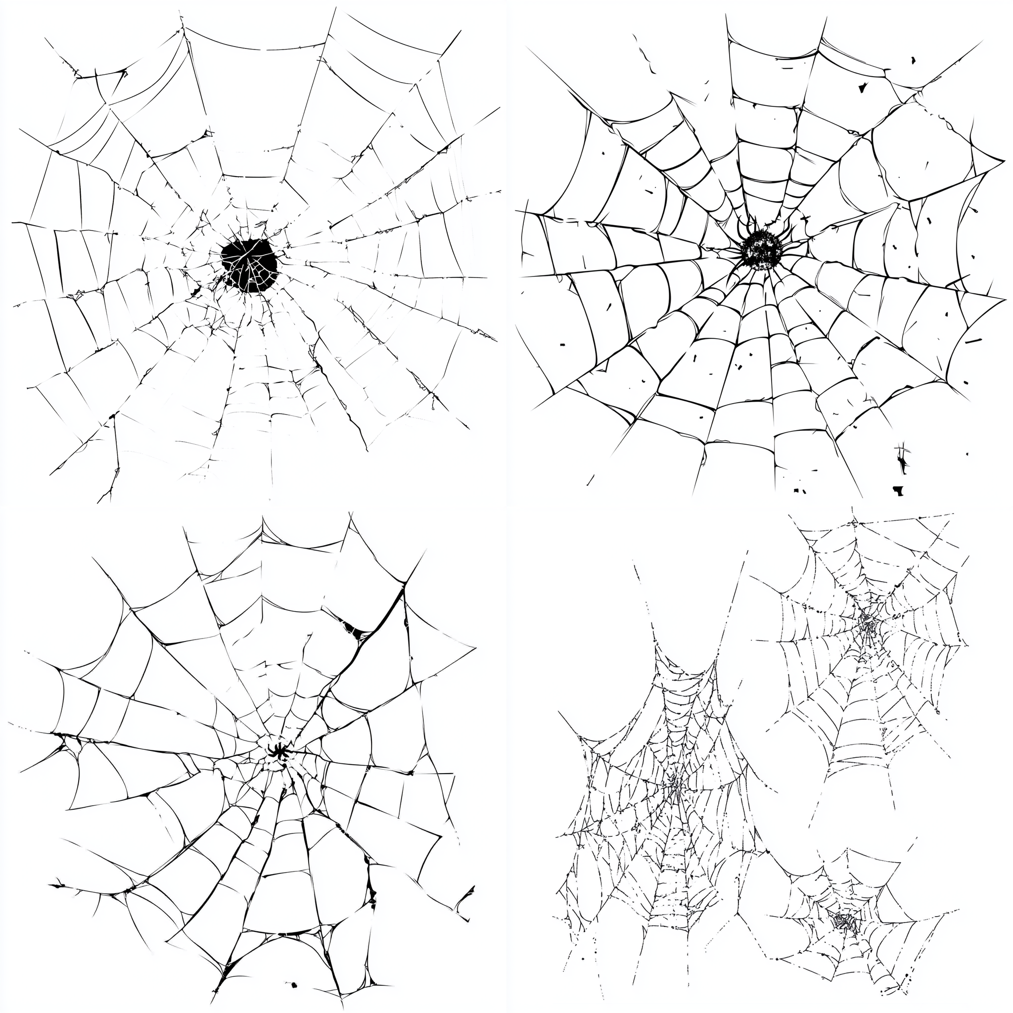 colored, heavy lines, cartoon style, flat illustration, line art, no shading, white background，a damaged spider web, half remaining, tattered and torn。    --chaos 30