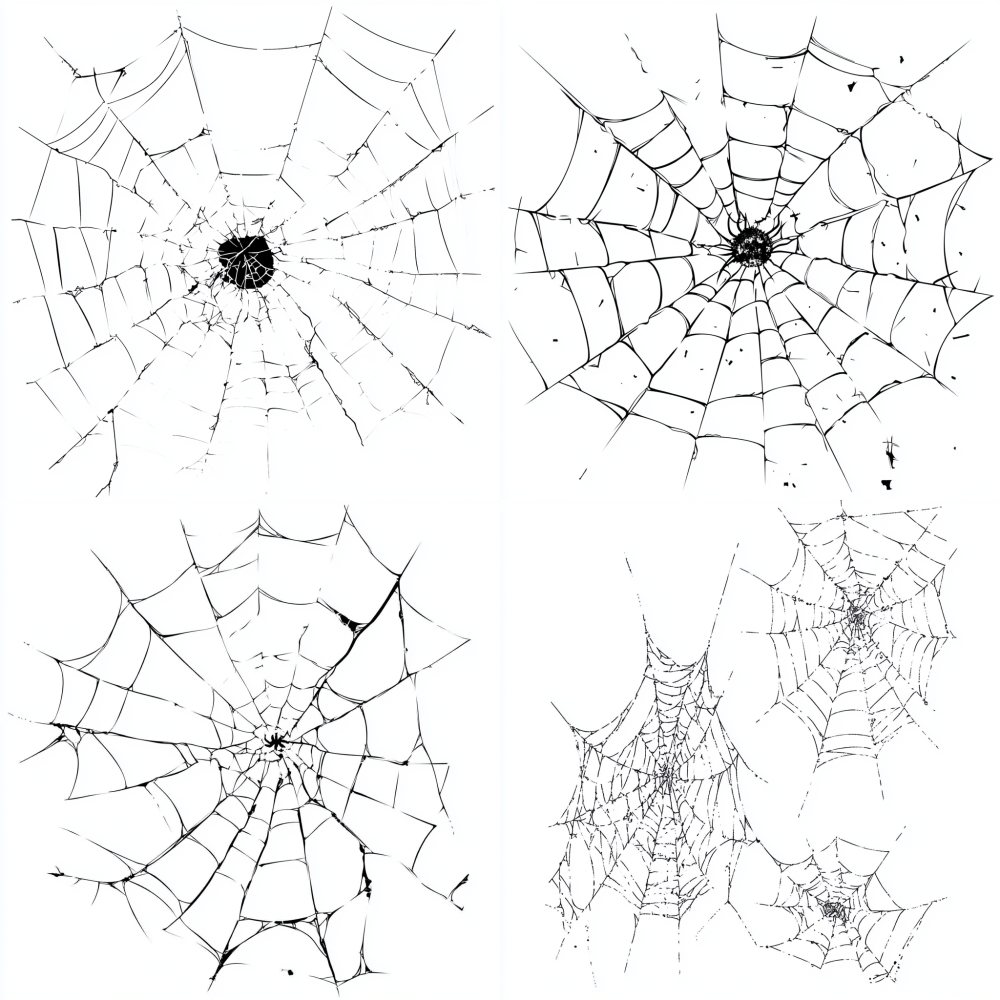 colored, heavy lines, cartoon style, flat illustration, line art, no shading, white background,a damaged spider web, half remaining, tattered and torn。 --chaos 30