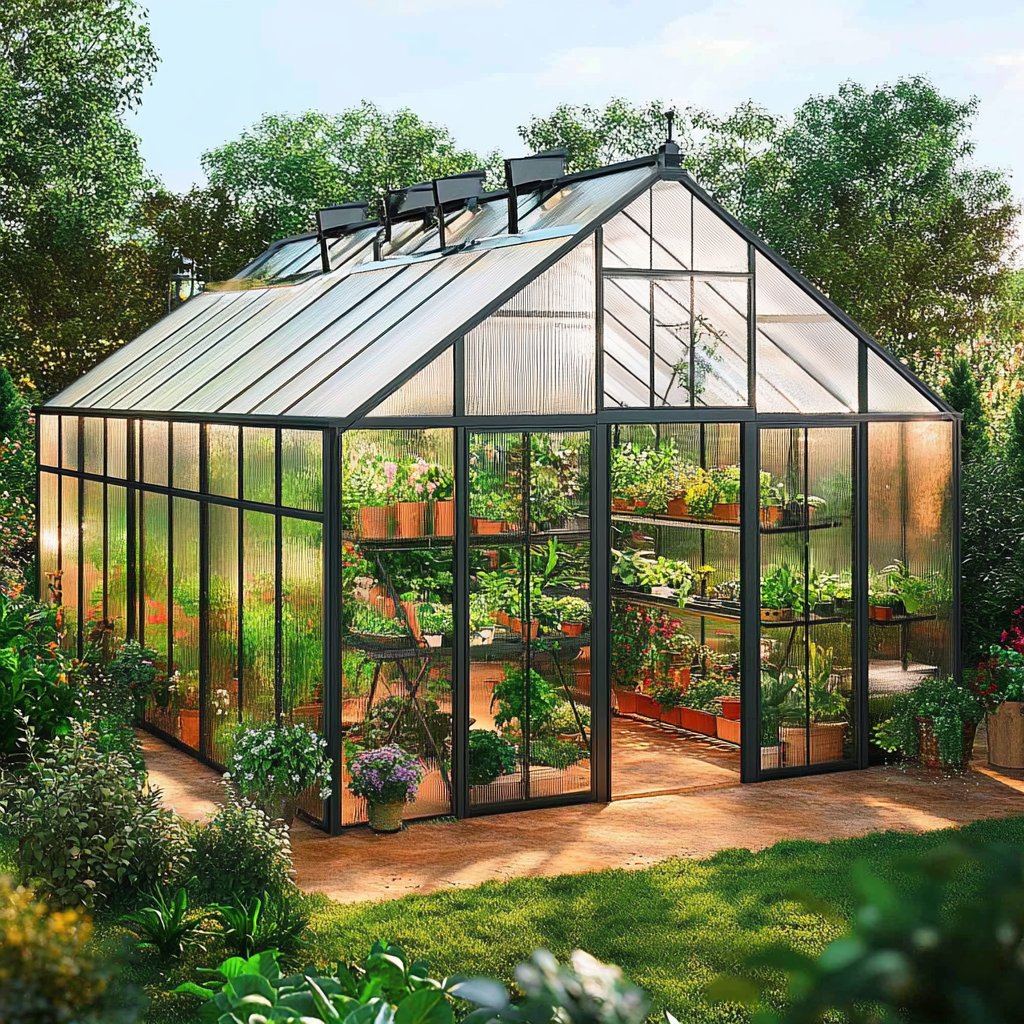 https://oc.superx.chat/img/1746754861682.jpg > An enchanting glass greenhouse, depicted in a breathtakingly realistic photograph that reveals exquisite details and a rich tapestry of lush, vibrant greenery, radiating exceptional clarity and brilliance, 8K, aerial perspective, --style raw --ar 1:1 --iw 1.8