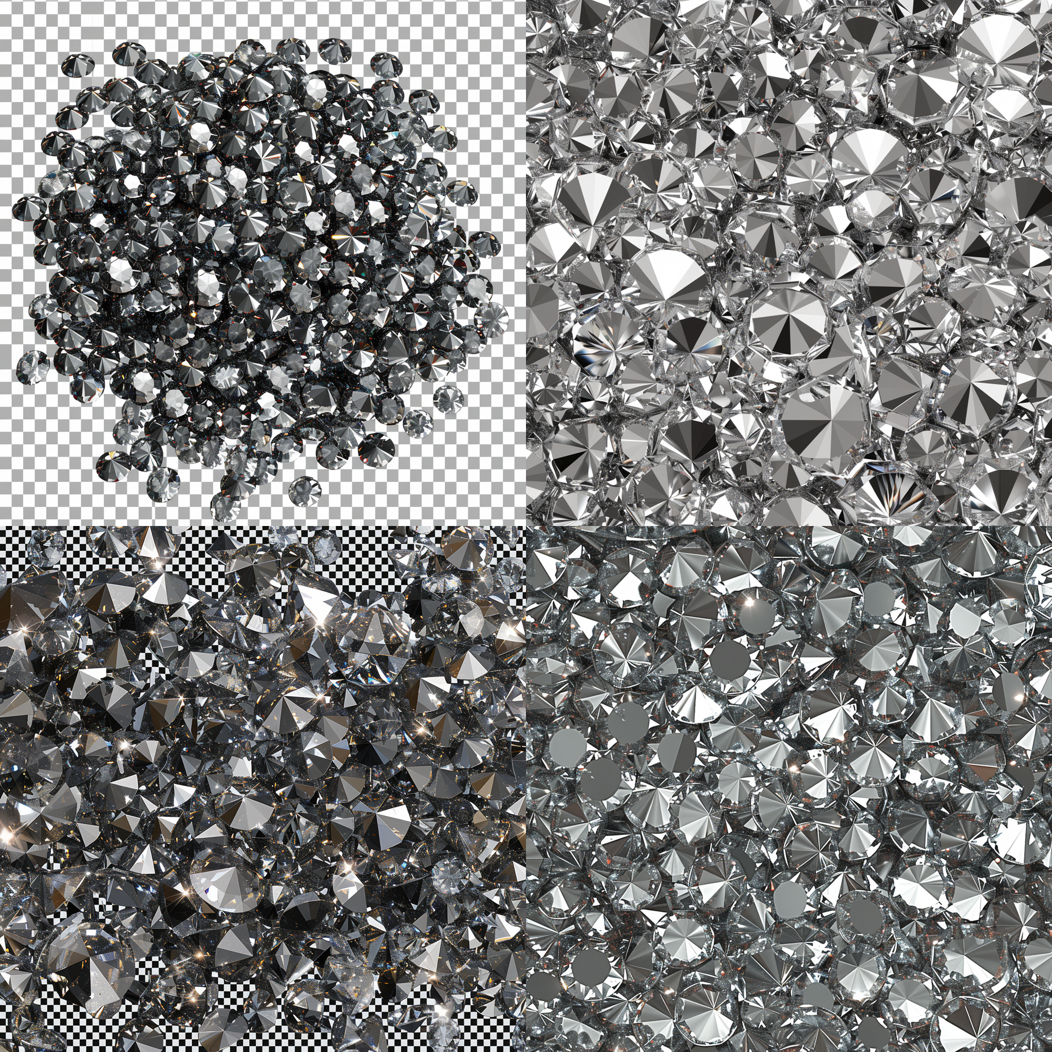 Ultra-realistic, countless platinum-toned tiny diamonds of identical size, randomly scattered on transparent background, front view, precise geometric facets with sharp reflections, studio lighting, high contrast highlights, no overlap, crisp edges, 8K resolution, minimalist, PNG  --ar 1:1  --v 6