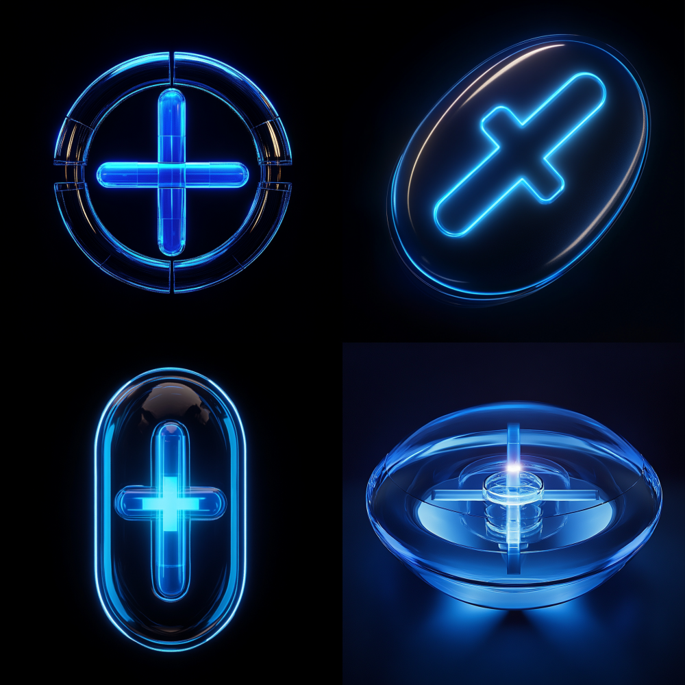 The elliptical pill of the dual ring protection system is cut into a double-layer concentric circle structure, with the outer layer of deep blue ring symbolizing a safety barrier, and the inner layer of light blue circular disc suspended and emitting a glowing cross, forming a gripping gesture contour in the negative space.