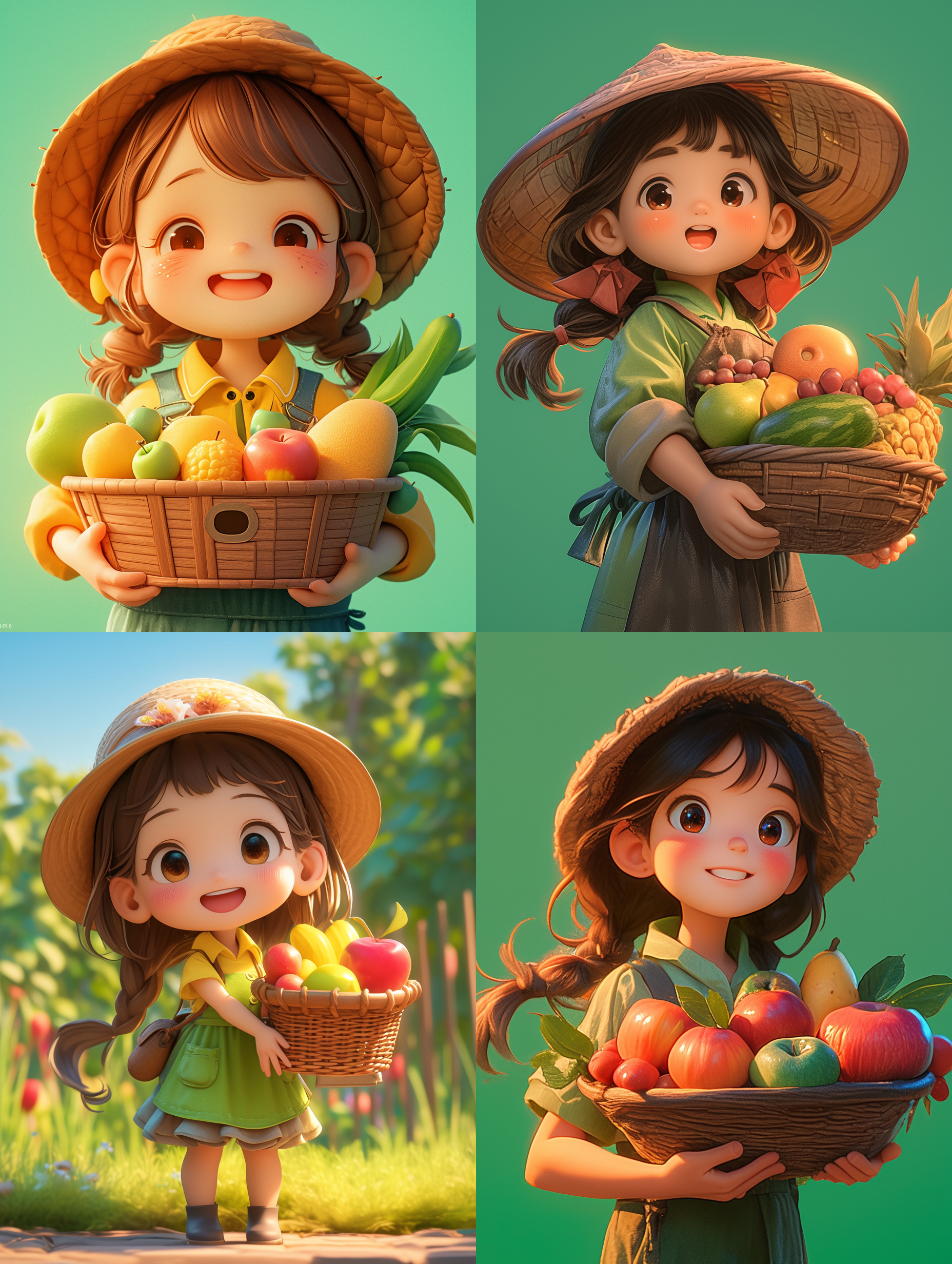 3D style, a chinese little girl, A cute girl with a cute  hat, very happy,brown eyes,carrying a big basket of fruit，small, half body shot,  pop mart design, chibi, green background, vivid color, studio lighting, atmospheric lighting, with exquisite texture, high detail, high resolution, IP character , Pixar style,c4d, Blender, 8k, best quality, ultra high definition      --ar 3:4      --stylize 300      --niji 6