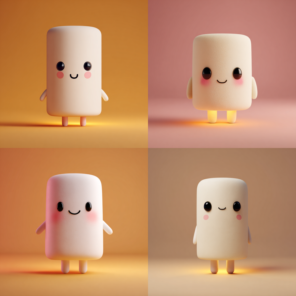 A standing, cute milky white cylinder. There are two oval black eyes on the top, warm pink powder blusher below the eyes, and a simple smiling mouth in the middle. There are short cylindrical arms on each side of the body that naturally hang down. At the bottom of the body are two short cylindrical legs, slightly separated to maintain stability. A uniform warm yellow light emanates from within the body. 