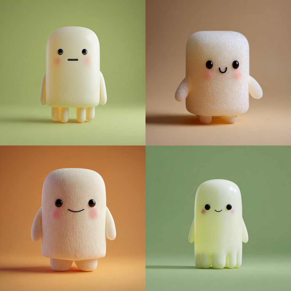 Overall body shape and texture: a standing, soft milky white cylinder, like a warm jade or soft sweet potato, without sharp edges. Proportion: The head to body ratio is approximately, making it appear cute and youthful. Texture: The surface has a matte and soft skin like texture, with a slight semi transparency, and a uniform and soft halo inside. Facial features: Two black and shiny oval bean eyes, full of curiosity and tranquility. Mouth: Simple lines that can change with facial expressions. Powder blusher: There are two groups of light warm pink powder blusher on the cheeks, which can improve the complexion and affinity. Highlight: There are eternal and soft highlights on the top of the head and the front of the body, symbolizing its pure core. Limbs and Movement Limbs: Short and rounded cylindrical tentacles extending from the body, used as hands and feet, flexible and without knuckles. Movement characteristics: The body can make soft bends, compressions, and stretches to simulate various Pilates movements, always maintaining elasticity and softness. Iconic lighting effect: The body emits a uniform and soft warm yellow halo. When the force is stable: the light effect becomes bright and stable, like a steady pulse. When relaxed: the light effect becomes dim and soft, slowly fading like breathing. 3、 Color standard main color: milky white, warm and clean. Light effect color: Warm yellow energy, warmth. Red cheeks: warm pink, lovely and healthy. Contour line: Use a light gray color slightly darker than the main color to outline and increase the three-dimensional effect.  &   1:1        /     (HEX: #FFF9F0) -   (HEX: #FFF2A1) -   (HEX: #FFD1DC) -   (HEX: #E5E0D8) 
