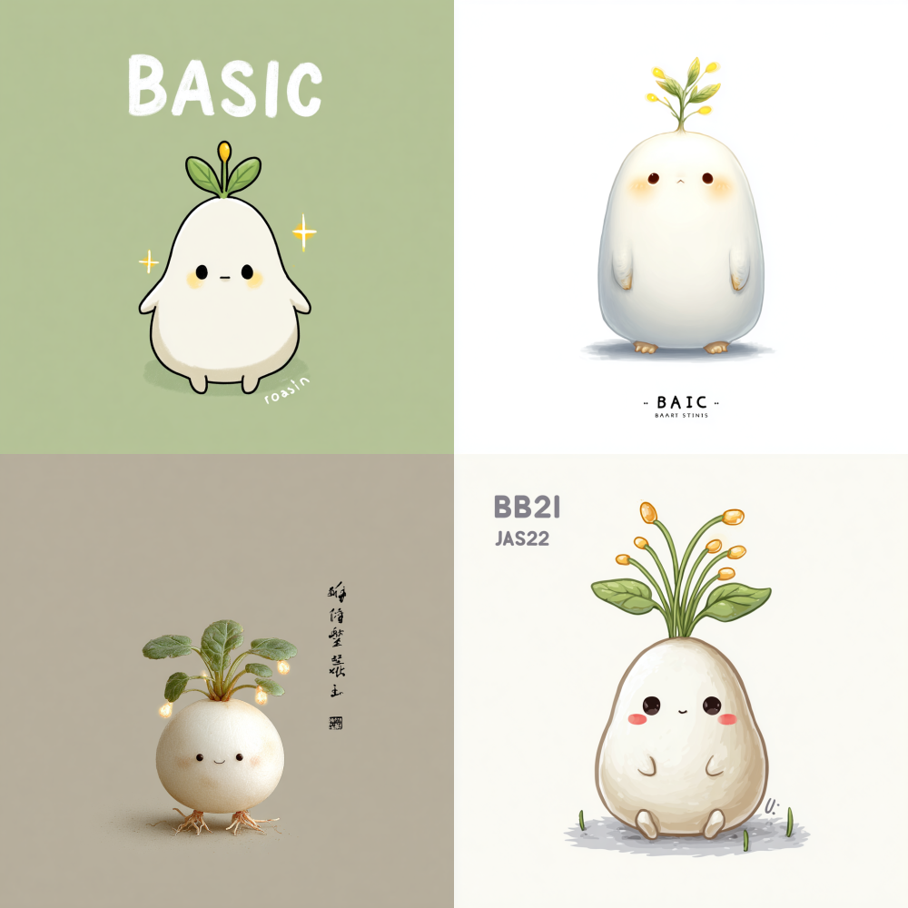 Basic form: A rounded milky white cylindrical body, resembling a plump seed, with a slightly pointed top. Abandoning complex patterns and retaining only the most essential features. Facial: Keep the bean eyes and simplify the mouth into an inverted shape, giving it a natural look of focus and effort, very cute. Root whisker system: Simplify the gorgeous root whisker into two short, cute root whisker feet and two small root whisker hands. When it comes to rooting, a few simple, glowing lines will protrude from the soles of the feet, connecting the earth. Iconic feature (memory point): glowing buds on the top of the head: There is always a tender bud with warm yellow light and two leaves on the top of the head. This sprout is its status indicator: U “” “”