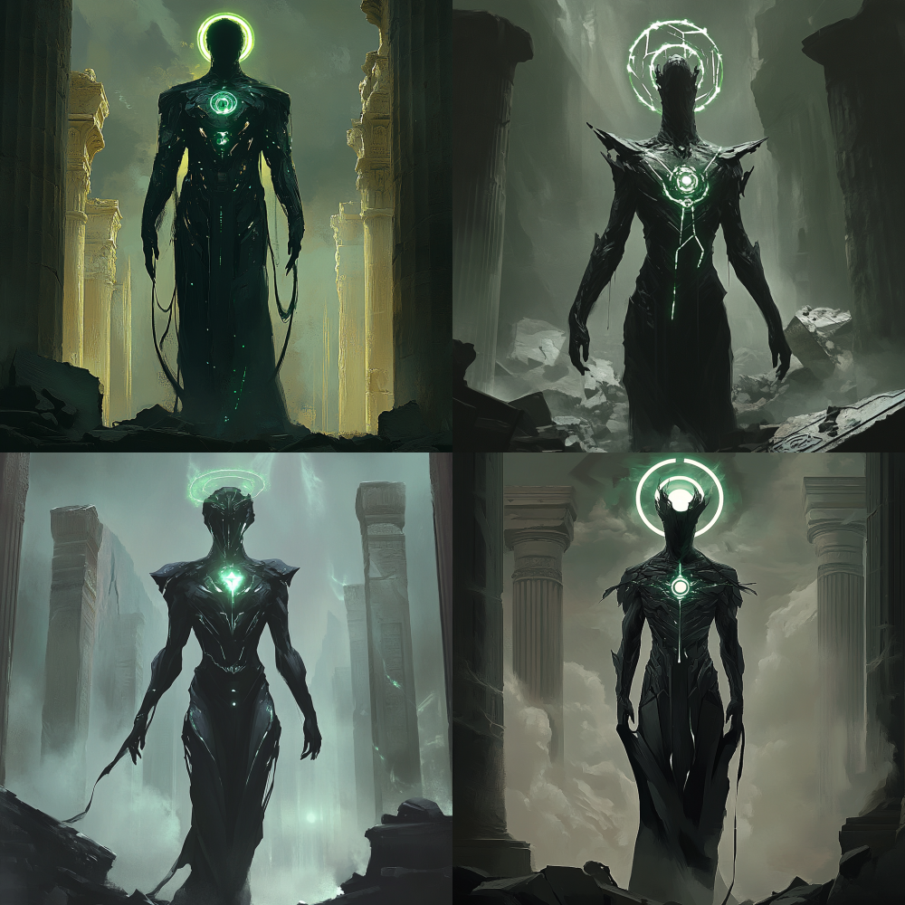 A colossal, enigmatic figure with a glowing ritual halo, standing among shattered ancient pillars and ruins. The form combines flowing obsidian and liquid textures, featuring luminous geometric patterns and intricate symbols on the chest. Head crowned with a bright energy ring, subtle suggestions of tailored suit details and fabric within the silhouette. Dynamic forms extend from the back and arms, inspired by natural curves, abstract lines, and elegant structures that intertwine with the ancient architecture. Deep green, black, phosphorescent highlights, cinematic mist and atmospheric lighting. Oil painting style, highly detailed, majestic and mysterious, Western fantasy illustration, epic and awe-inspiring presence.