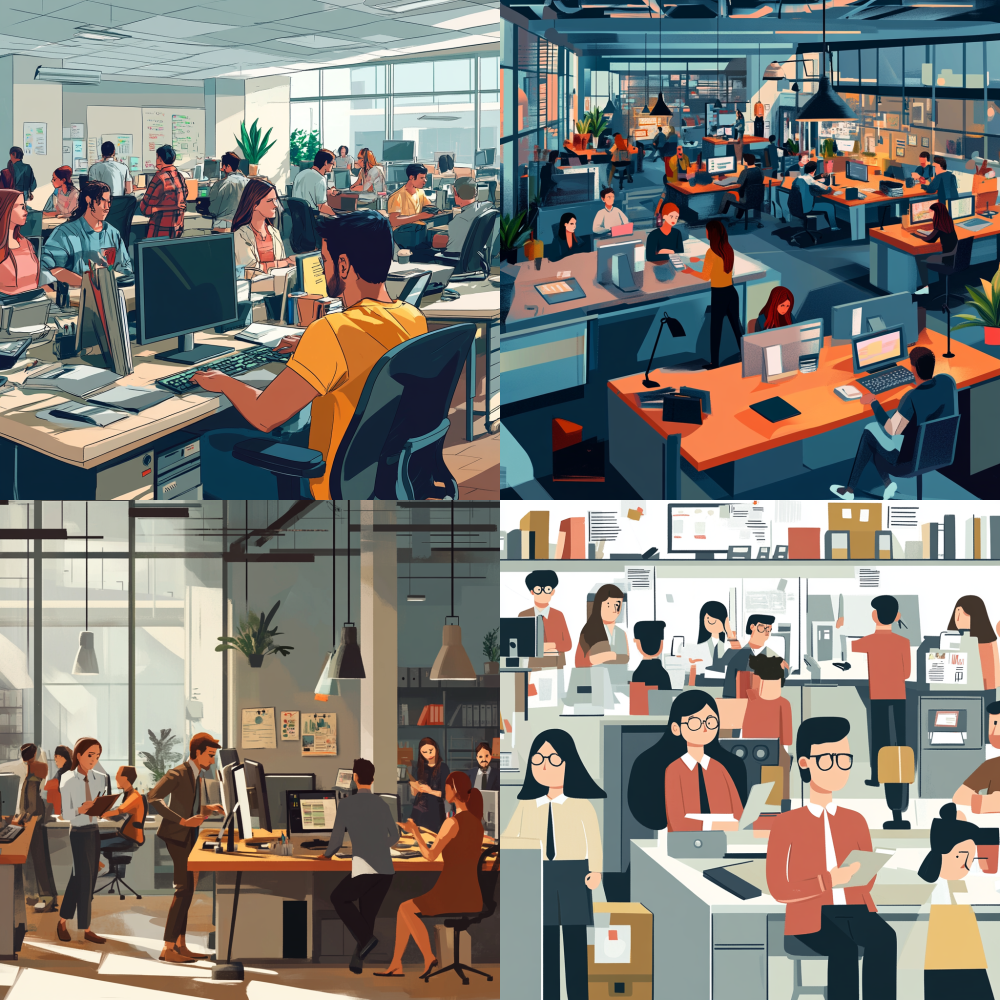 Help me generate a busy scene of foreigners in the workplace without cartoon