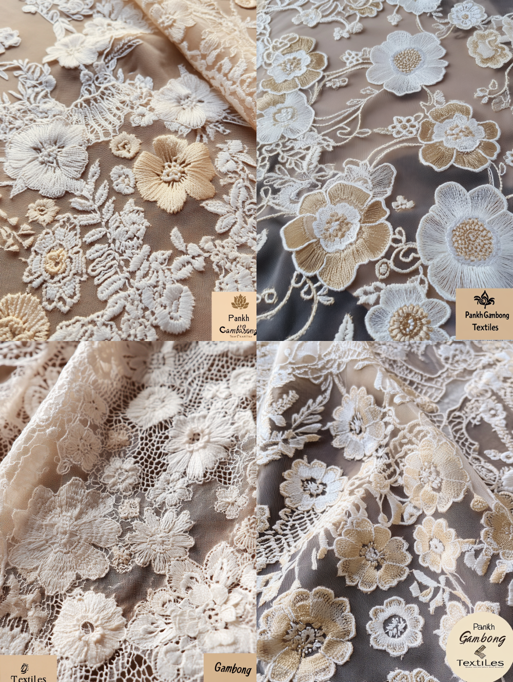 This is an embroidery fabric with lace patterns, in white and beige colors. The background color of the paper has various flower shapes printed on it in light brown. There's also text that says "Pankh Gambong Textiles" at the bottom right. In the top left corner, there should be a label with the brand name 'Perfect Sheen' written in a black font. In front of all these elements, I can see another sticker labeled as 'POCO engaging text ribbon'. It depicts an elegant floral pattern in gold. --ar 46:61