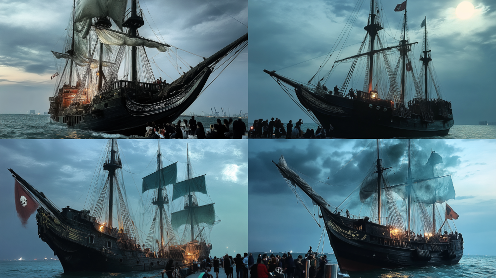 At night in the Caribbean Sea, an ancient pirate ship with a damaged wooden deck and torn canvas. The eerie moonlight shines through the dark clouds, the sea turns deep blue and green, the mist is pervasive, the skull flag flutters, the rusted iron chain, the dim light of the old lantern, the terrifying atmosphere, dark tones, high contrast, wide-angle lens, low angle shooting, cool color filter, dynamic blur, waves crashing, mysterious, and suppressing emotions. < https://oc.superx.chat/img/1749342477413.jpg > --ar 16:9