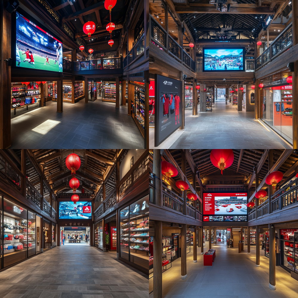 Ancient Chinese courtyard transformed into a Decathlon sports store, first floor with giant LED screen showing promotional videos and discount prices, customers using VR headsets for virtual try-on experience. Traditional wooden beams, stone floors, and red lanterns contrast with modern sports equipment displays. Glass bridge connecting sections, digital signage, vibrant