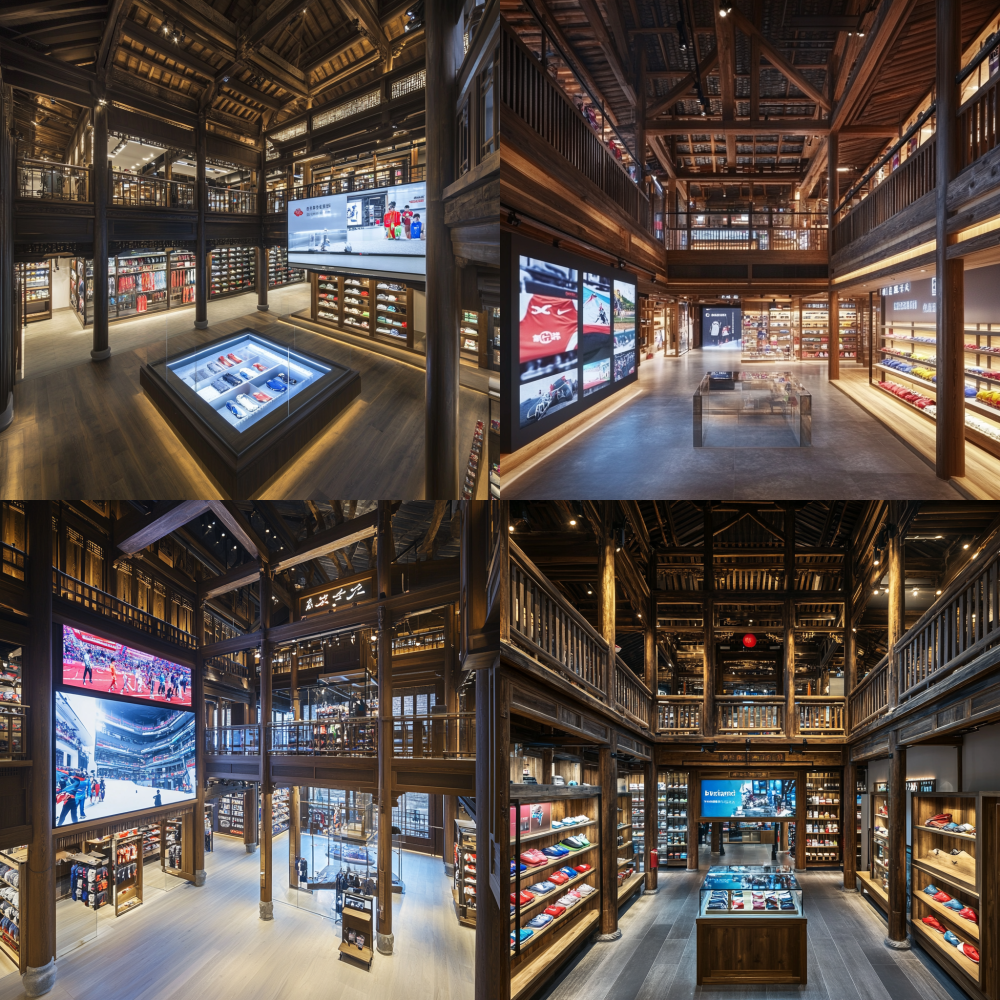 Ancient Chinese courtyard transformed into a two-story Decathlon sports store, retail shelves displaying sports products on both floors. First floor with giant LED screen showing promotional videos and discount prices, customers using VR headsets for virtual try-on near athletic apparel section. Second floor with merchandise shelves overlooking central courtyard, glass bridge connecting retail zones. Traditional wooden beams