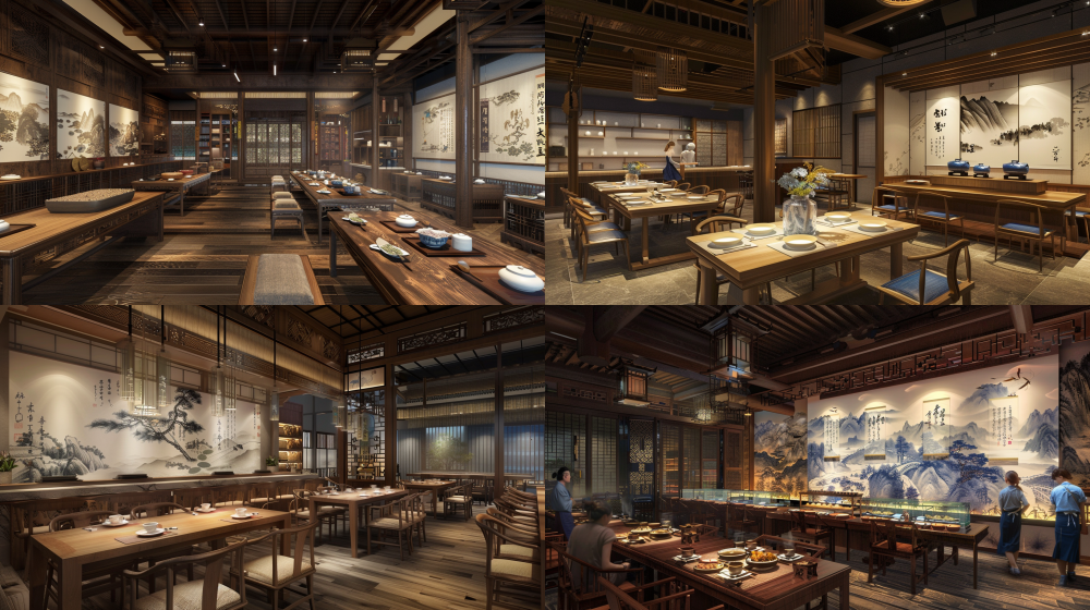 Chinese scholar's study room converted into health dining area: Ming dynasty rosewood tables with built-in induction cooktops, calligraphy menu scrolls changing nutritional info digitally. Blue-white porcelain tableware containing protein bowls, tea ceremony station serving antioxidant blends. Ink landscape murals with AR projections of ingredient origins, ceiling hung with dried herbs and smart lighting. Customers in qipao-inspired sportswear using chopstick-shaped biosensors --ar 16:9 --v 6.0