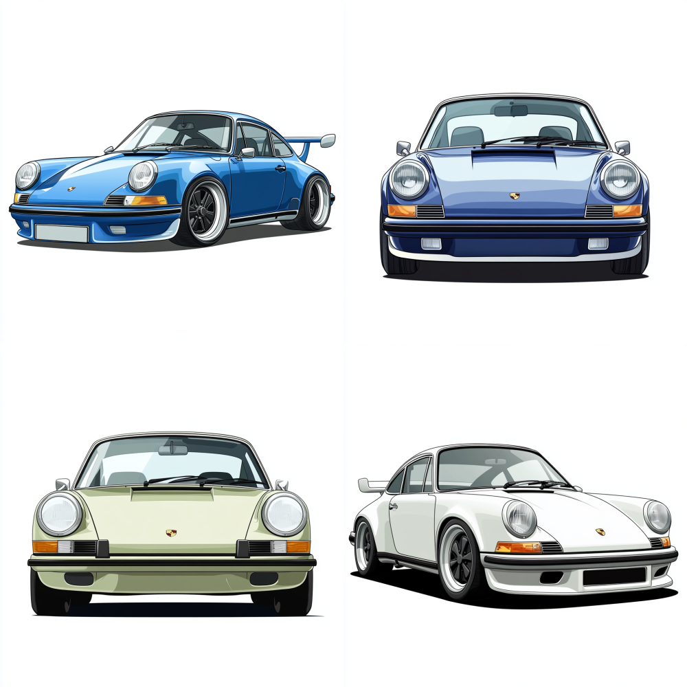 old porsche 911 Carrera RS,front view, in cartoon style with white background