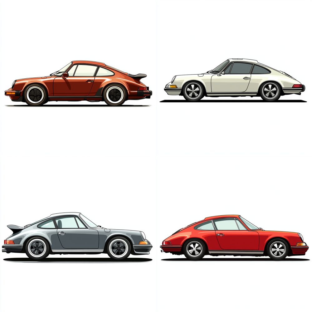 old porsche 911,side view, in cartoon style with white background