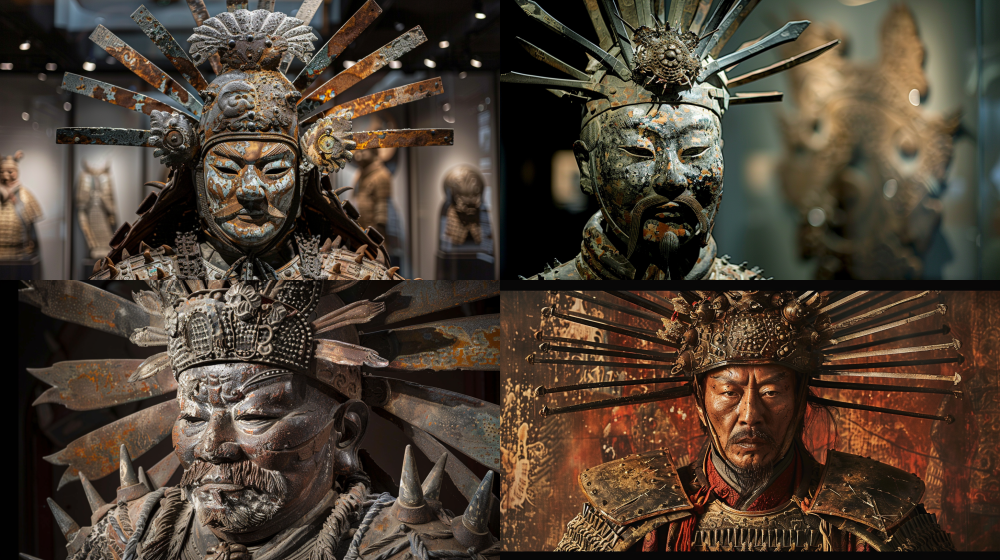 Majestic ancient Chinese general adorned with a sea-urchin-inspired headpiece, intricate spikes radiating from a weathered, rusted helmet, towering at 1.95m, --ar 16:9 --style raw --v 6.0