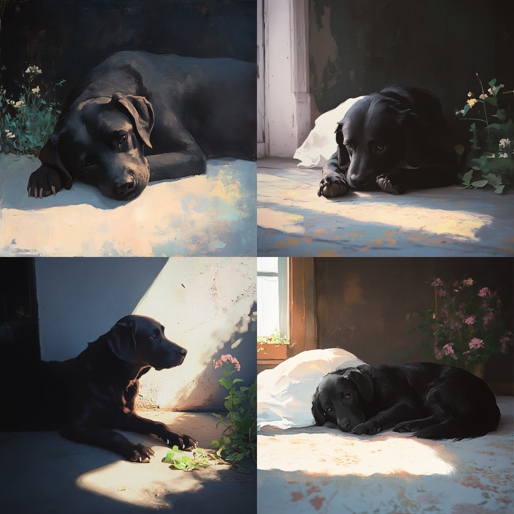 Referring to the black dog in the above picture, the image only shows an elderly black dog lying on the floor of the room, creating a thick coating effect < https://oc.superx.chat/img/1749393437918.png >