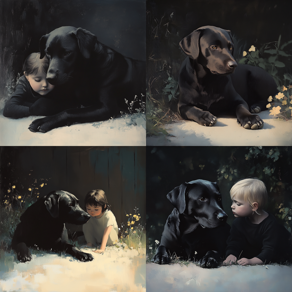 A little girl around the age of one is squatting next to an elderly black dog, telling stories and feeding it. The little girl looks a little sad, and the two of them are squatting in the yard < https://oc.superx.chat/img/1749393500059.png > 12