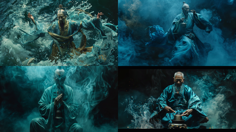A Chinese Taoist priest adorned in tattered cyan silk robes, gracefully floating amidst the depths of abyssal darkness, clutching a fractured bronze bell, with ancient talismans delicately peeling from his skin, --ar 16:9 --style raw --v 6.0