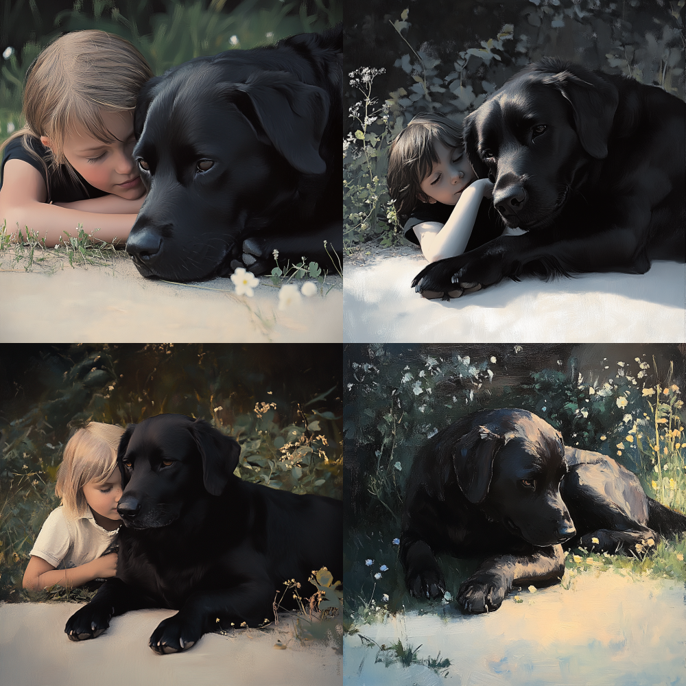 An elderly black big dog was lying on the ground with a year old girl who was talking to and feeding the dog. They were both in the yard < https://oc.superx.chat/img/1749393944105.png > 12
