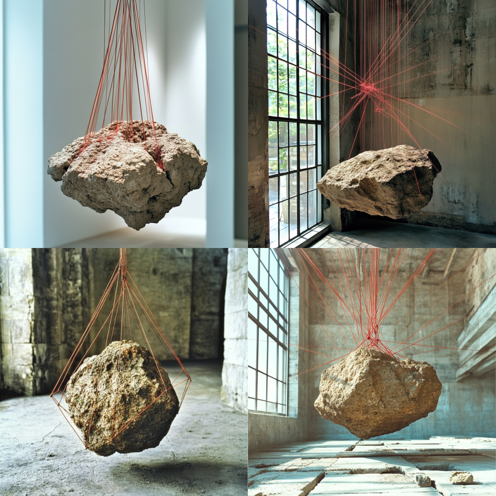 Cast iron root network gripping suspended concrete boulder, fiber optic mycelium glowing through joint gaps, force vectors visualized as red laser grids, structural tension diagram --weird 300