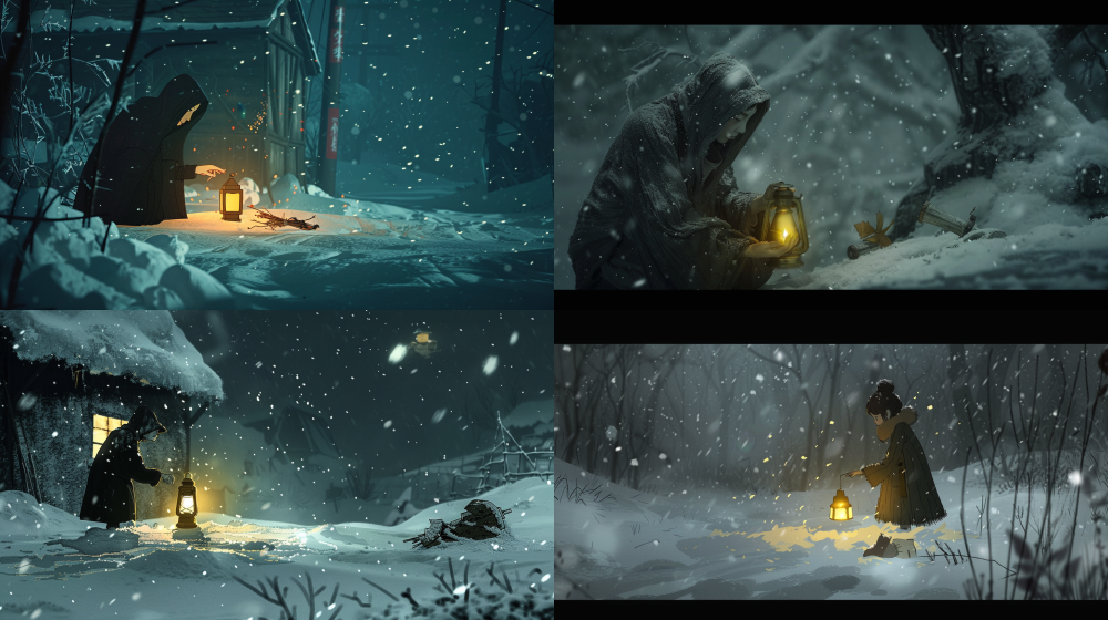 A powerful animated scene at night during a blizzard. The last match has gone out, and darkness swallows Ella entirely — she is curled up, hopeless, on the frozen ground. Suddenly, a warm hand reaches through the snowstorm. The old shadow puppet master stands solemnly in the wind, holding a glowing brass oil lamp, its flame small but steady — possibly lit with the same wick given by the old shopkeeper. His eyes shine with quiet, knowing wisdom. He gently offers the lamp to trembling Ella. She reaches out with frozen hands. Nearby lies a broken, discarded Chinese paper carousel lantern (Zou Ma Deng), torn but still beautiful. The contrast between icy despair and the golden warmth of the oil lamp creates a deeply emotional moment. Storybook illustration style, poetic atmosphere, cinematic lighting, snow swirling gently, dramatic emotional focus, Studio Ghibli + Chinese folklore blend. --ar 16:9 --v 6 --style raw