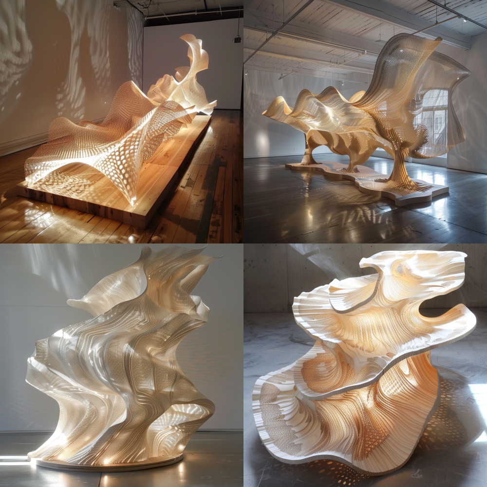 Algorithmic timber wave rising from floor, wood density gradient from solid core to translucent lace-like edges, pressure sensors triggering lumen intensity shifts, computational materiality --v 6.0