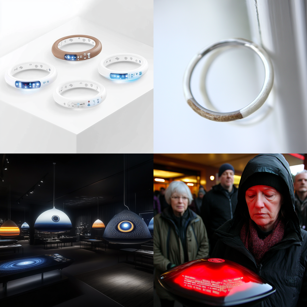 Concentric terracotta rings floating in magnetic levitation, growth rings embedded with LED matrix displaying real-time air quality data, ancient craft meets digital surveillance --chaos 100