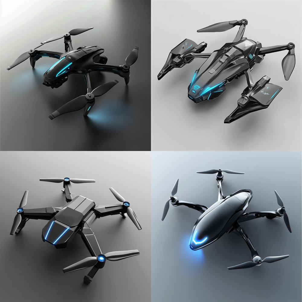 Four axis flying drone, black gray, designed in a sketch style, combining black and white sketches with futuristic technological elements. Smooth and imaginative lines, using shadows to create effects, blurring the background to enhance the presence of foreground objects, some foldable blue light on the body, innovative layout 3D